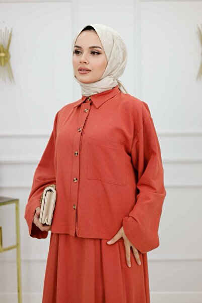 VALENS BOUTİQUE Double Linen Skirt Shirt Set Güneş