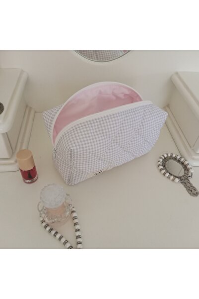 MB Τσάντα μακιγιάζ με μοτίβο τετράγωνης γραμμής-μεγάλο μέγεθος