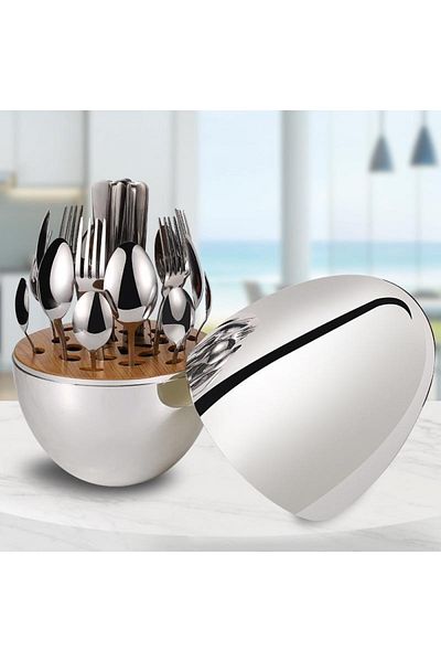 Generic طقم ملاعق وشوك وسكاكين 24 قطعة بحامل بيضاوي