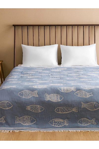 LC Waikiki LCW HOME Cuvertură de pat dublă cu imprimeu pește 200x220 cm (S5)