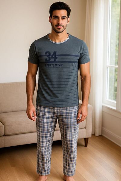 Masal Dünyası Bursa 34 Sports Wear Written Plaid Patterned Short Sleeve Men's Pajama Set (4 Color Options Available)