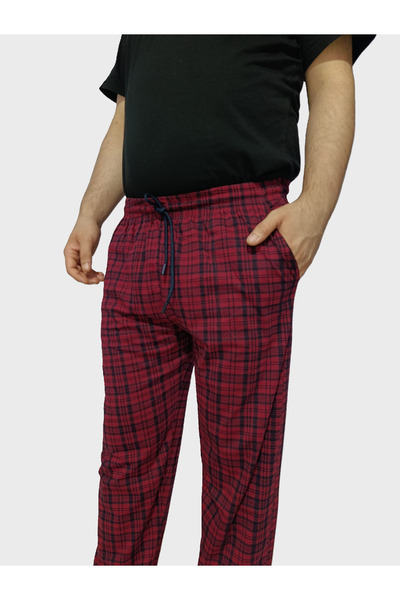 DÜVEN Πιτζάμες Plus Size - Unisex Oversize Size με τσέπες 100% βαμβακερό καρό μονόχρωμο πιτζάμες-BORDO