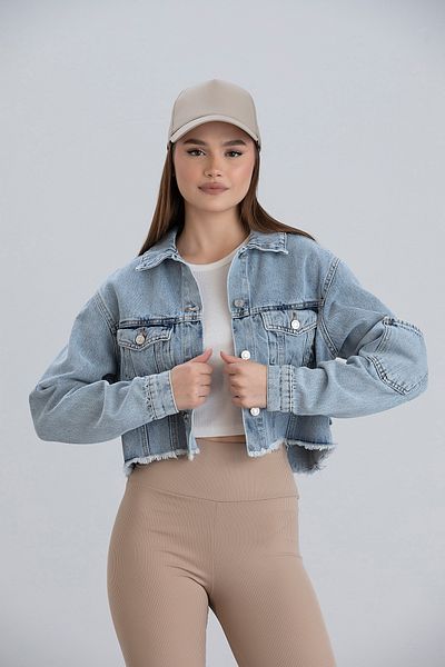 Alos Jachetă de blugi Crop pentru femei, albastră, cu buzunar cu ciucuri, cu buzunar dublu