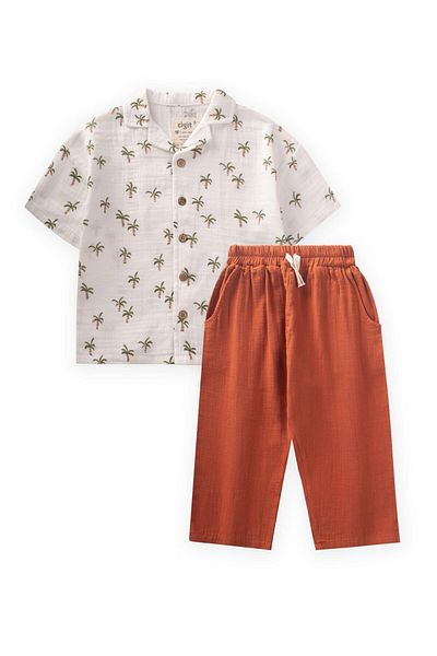 Cigit Palm Patterned Shirt Set 2-10 Years Ecru