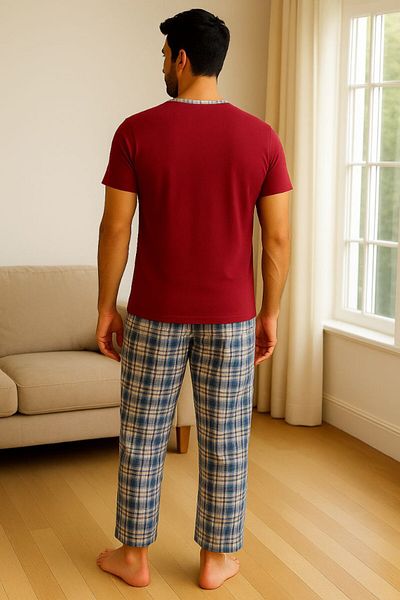 Masal Dünyası Bursa 34 Sports Wear Written Plaid Patterned Short Sleeve Men's Pajama Set (4 Color Options Available)