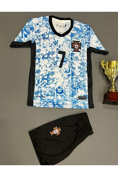 DAYIBALI DÜKKAN Dayibali Portugal Ronaldo 2024/25 New Season Blue White Short Sleeve Away Kids Kit Set of 4