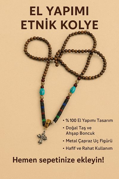 Enjoy Ethnic Necklace with Natural Stones & Wooden Beads, Handmade Cross Detail