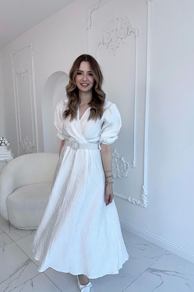 HELİS BUTİK White Sparkly Belted Double Breasted Dress