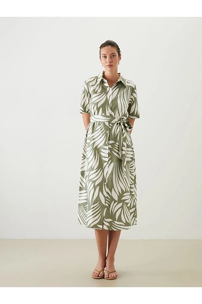 LC Waikiki Lcwaikiki Classic Green Patterned Linen Blend Shirt Dress