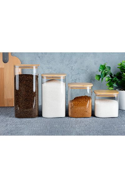 Pembelia Life 4-piece bamboo vacuum lid borosilicate glass square tea sugar salt coffee bean storage jar set