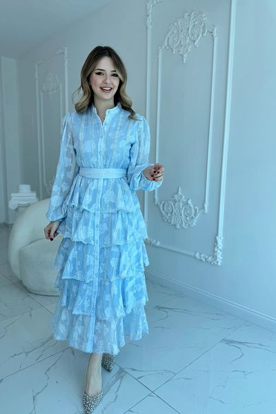 HELİS BUTİK Baby Blue Dress with Embroidered Ribbon Layered Flounces