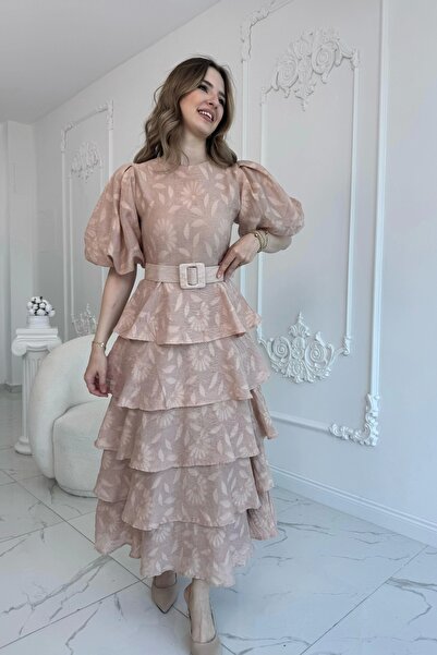 HELİS BUTİK Μπεζ φόρεμα με μανίκια μπαλόνι με ζώνη