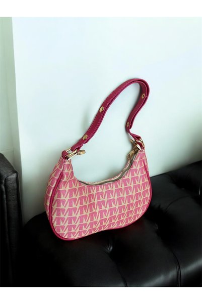 Melos Butik Women's Pink Jacquard Patterned Baguette Hand and Shoulder Bag