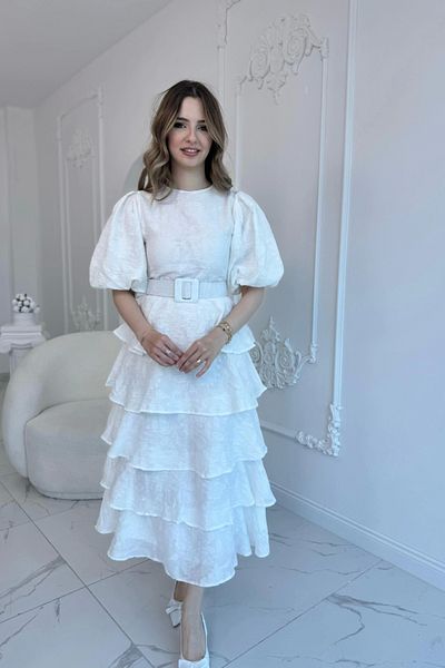 HELİS BUTİK Ecru Layered Balloon Sleeve Belted Dress