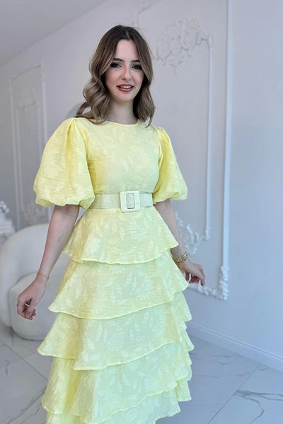 HELİS BUTİK Yellow Layered Balloon Sleeve Belted Dress