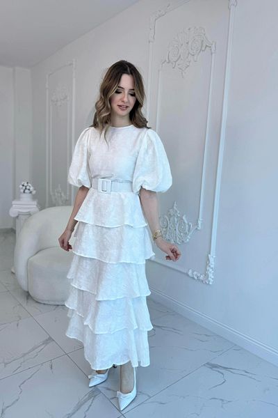 HELİS BUTİK Ecru Layered Balloon Sleeve Belted Dress