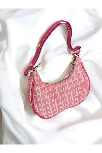 Melos Butik Women's Pink Jacquard Patterned Baguette Hand and Shoulder Bag
