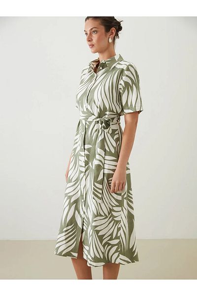 LC Waikiki Lcwaikiki Classic Green Patterned Linen Blend Shirt Dress