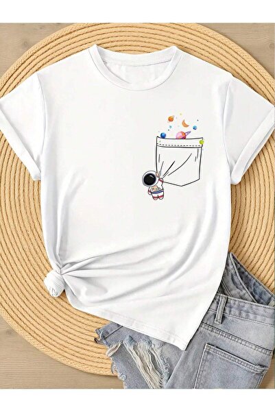 KEALVİ Tricou Pocket Astronaut - Tricou oversize cu imprimeu alb cu gât crew