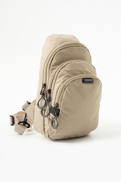 Sanmorris 6005 Unisex Parachute Fabric Water Resistant 3 Compartment Body Bag with Cross and Backrest Strap Beige