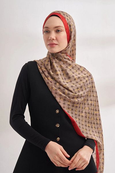 ARMANDA Imported Voile Monogram Pattern Shawl - Beige Red