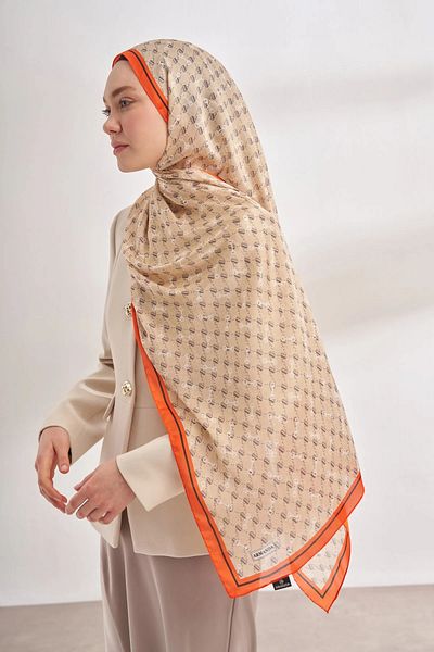 ARMANDA Imported Voile Monogram Pattern Shawl - Beige Orange