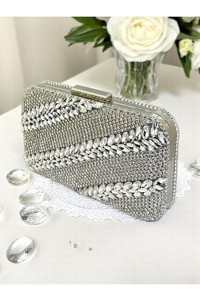 Biçanta Handmade Craftsmanship Complete Crystal Stone Silver Gray Lame Color Women's Evening Dress Bag