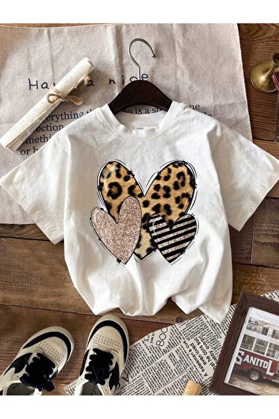 kealvi Тениска Leopard Hearts - бяла тениска с голям размер и принт, с велоси...