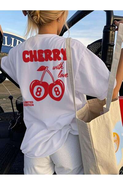 KEALVİ Cherry 88 Tişört - Beyaz Baskılı Oversize T-Shirt Bisiklet Yaka