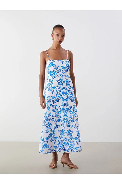 LC Waikiki Rochie LCW Vision cu aspect de in, cu guler pătrat albastru, cu bretele florale