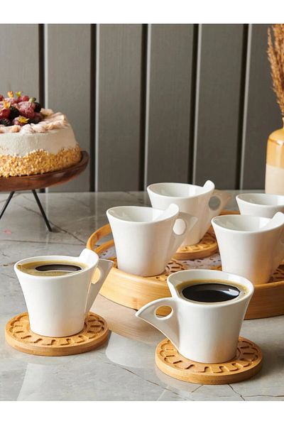 LUMİNA Belina 12 Piece Porcelain Cup Set with Bamboo Plates - White
