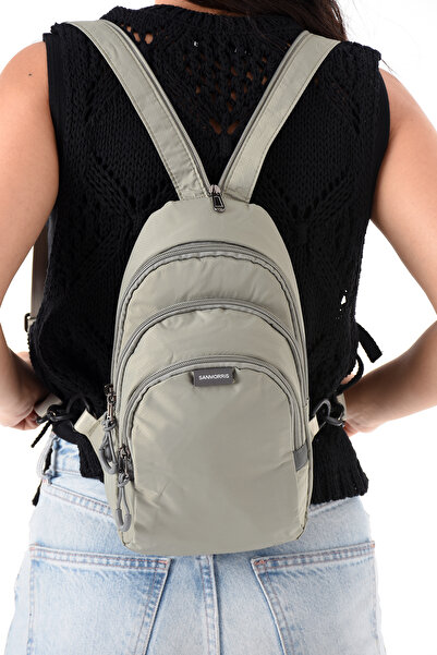 Sanmorris 6005 Unisex Parachute Fabric Water Resistant 3 Compartment Crossbody and Backrest Strap Body Bag Light Gray