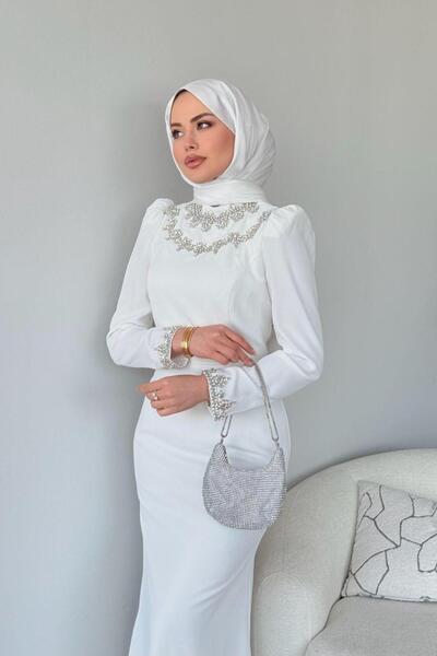 Şulemoda Giyim Βραδινό φόρεμα Bloom με μανίκια και λαιμόκοψη λευκό