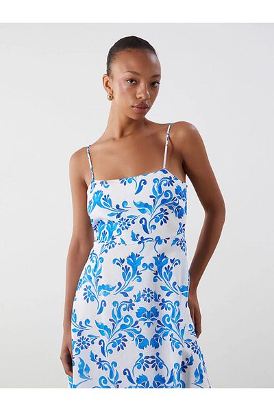 LC Waikiki Rochie LCW Vision cu aspect de in, cu guler pătrat albastru, cu bretele florale