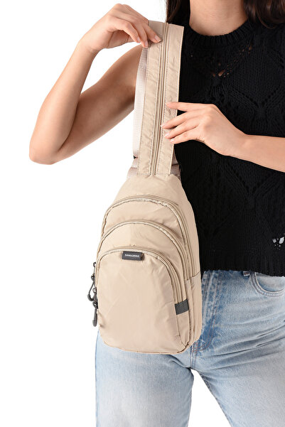 Sanmorris 6005 Unisex Parachute Fabric Water Resistant 3 Compartment Body Bag with Cross and Backrest Strap Beige