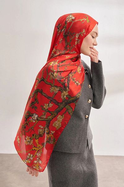 ARMANDA Almond Blossom (Van Gogh) Pattern Shawl - Pomegranate
