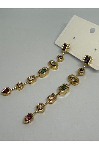 Gulsah's Store Steel Gold 7 Element Colored Stone, Melis, Y Earrings
