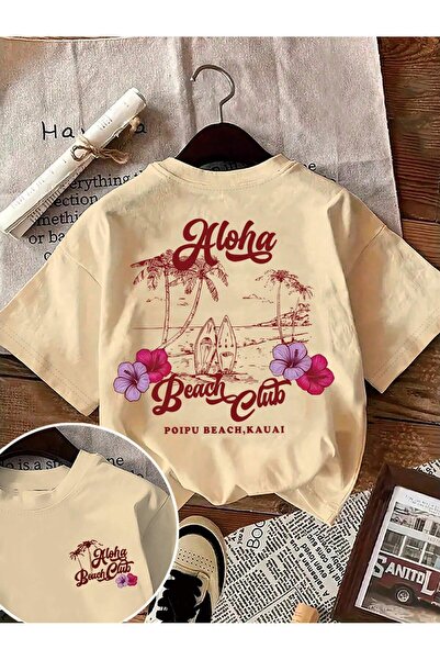 KEALVİ Μπλουζάκι Aloha Beach - Μπλουζάκι με μπεζ στάμπα Oversize με λαιμόκοψη