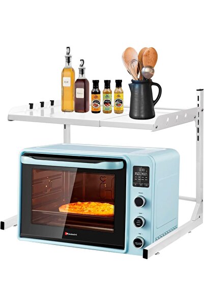 NEXIFY حامل ميكروويف، رف فرن ميكروويف قابل للتمدد مع 3 خطافات، منظم طاولة المطبخ