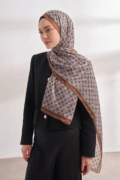 ARMANDA Imported Voile Monogram Pattern Shawl - Gray Milk Coffee