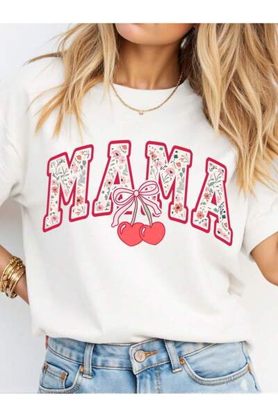 KEALVİ Μπλουζάκι Mama Cherry - Λευκό μπλουζάκι με στάμπα Oversize με λαιμόκοψη