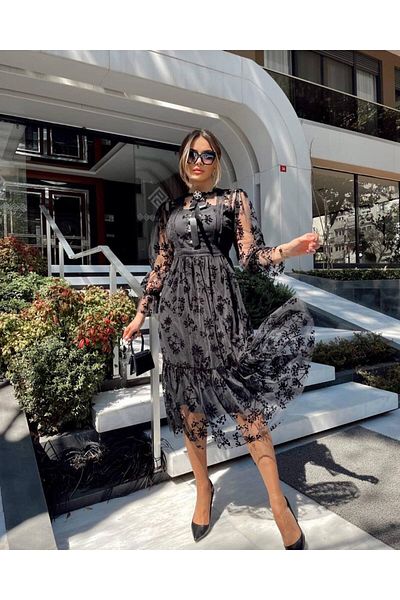 1Moda1Tarz Γυναικείο Εισαγόμενο Φόρεμα Ειδικού Σχεδιασμού με Λαιμόκοψη από ύφασμα από τούλι με λεπτομέρεια με επένδυση