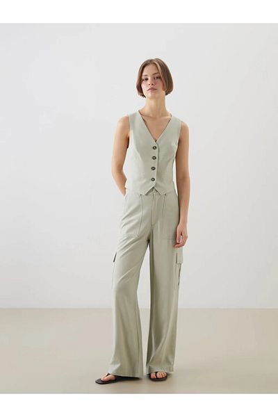 LC Waikiki Xside Green Women's Cargo Pants with Elastic Waist Linen Blend