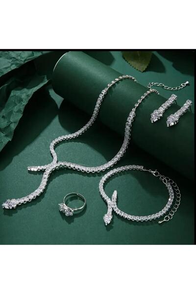 Yıldız Accessory Yüksek Kaliteli Lüks Kare Yılan Takı Seti Zirkon Set Küpe Yüzük Bileklik Kolye Düğün Parti