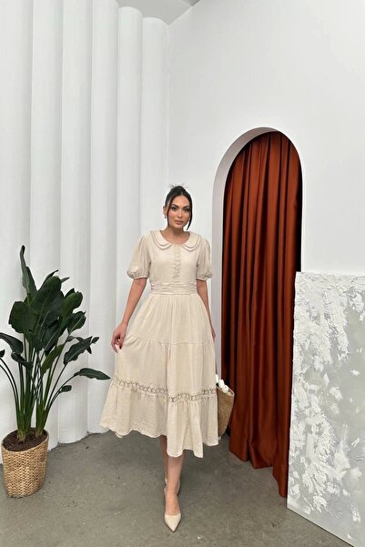 HELİS BUTİK Φόρεμα Baby Collar Muslin Fabric Beige