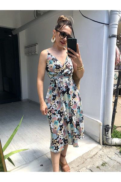 Gözde Tasarım Butik Women's Flower Patterned Rope Hanging Double-Breasted Collar Belted Midi Length Satin Dress