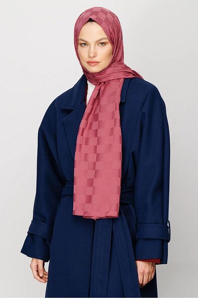 MENESSA Silky Jacquard Shawl Checkerboard Pattern Dried Rose