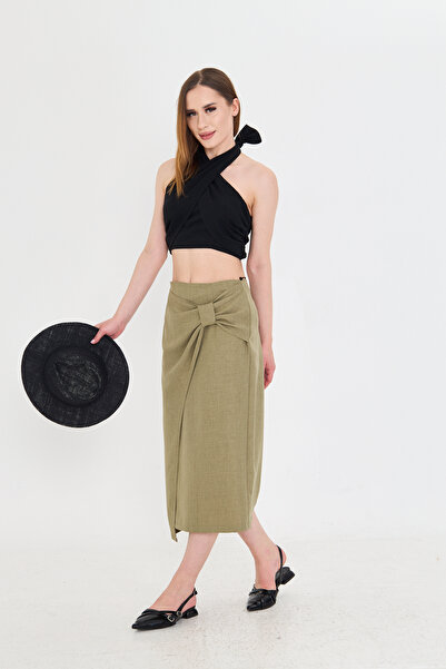 AS Anita Store Khaki Raw Linen Bow Ribbon Detailed Wrap Skirt Does Not Show Underwear