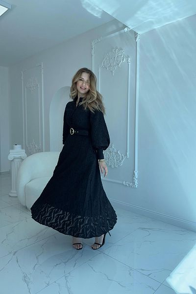HELİS BUTİK Jacquard Belt Detailed Full Length Black Dress
