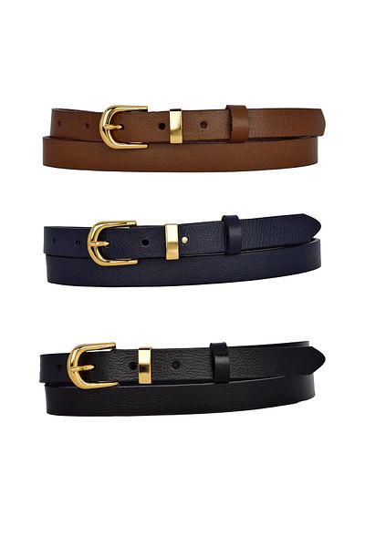 GoDeri 100% Genuine Leather Set of 3 Gold Color Suit Buckle 2cm Women's Belt Black, Navy, Brown_Düz_Gold